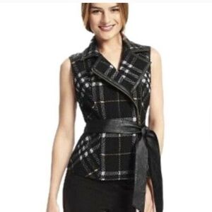 Cabi Blk Plaid Wool Blend Vest W/Faux Leather Trim